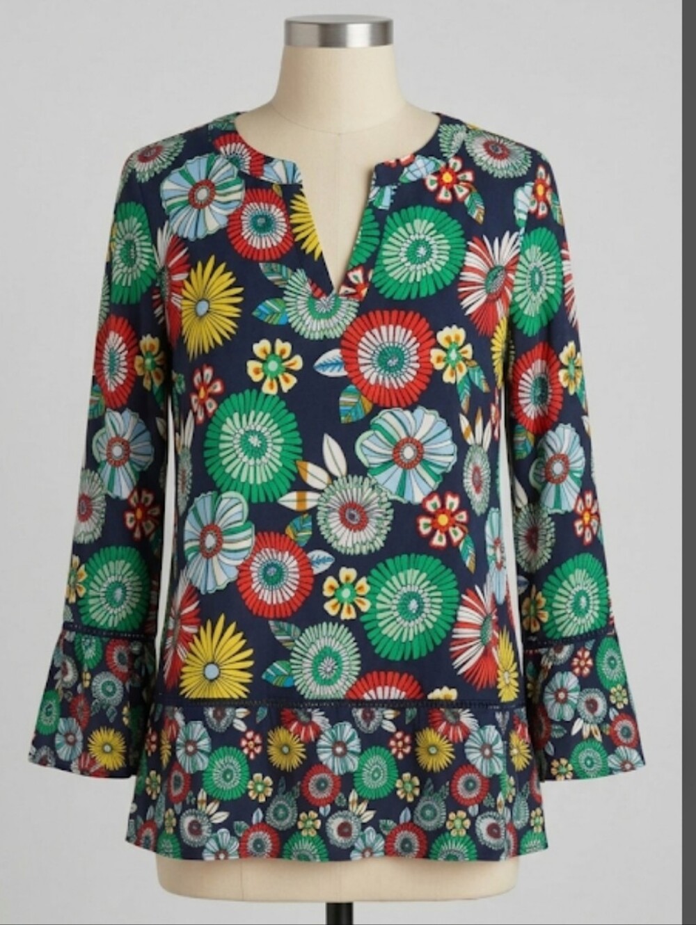 Crown & Ivy Peasant Blouse Women’s Sm- Med Navy with Green, Red & Yellow Flowers